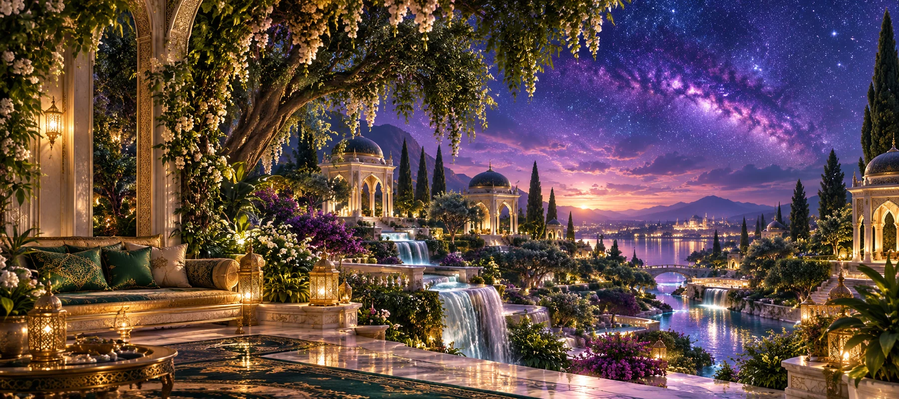 Symbolic landscape of a garden and architecture, introducing Qur’anic stories