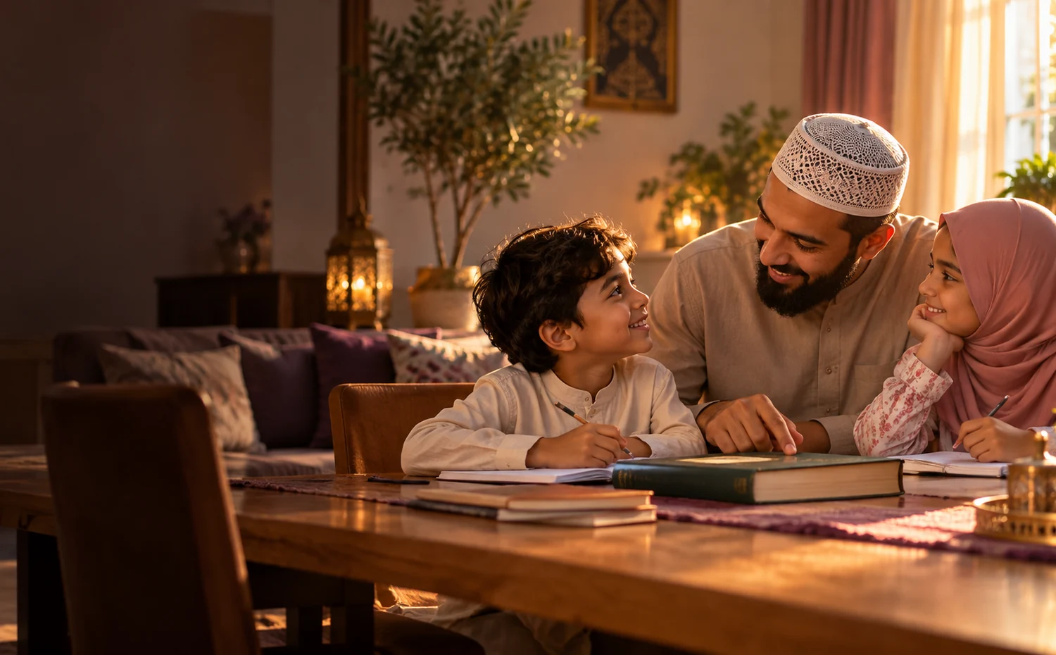 Illustrative photograph of a father and children studying together at home