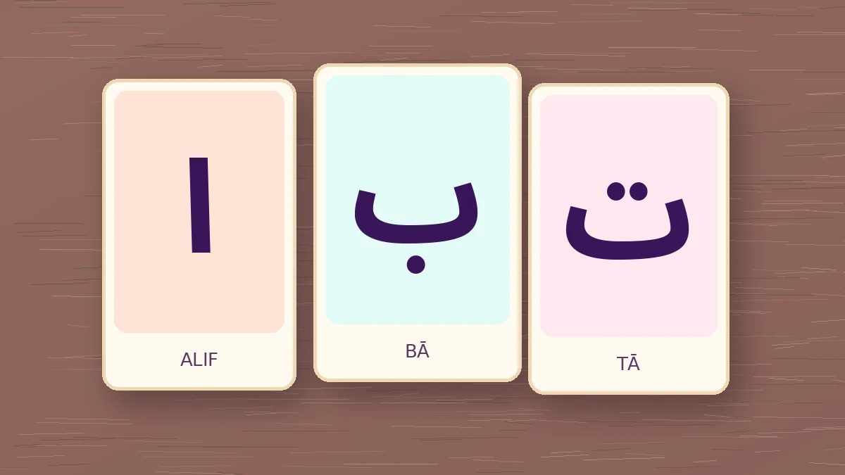 Three clearly printed Arabic flashcards showing the letters Alif, Bā and Tā