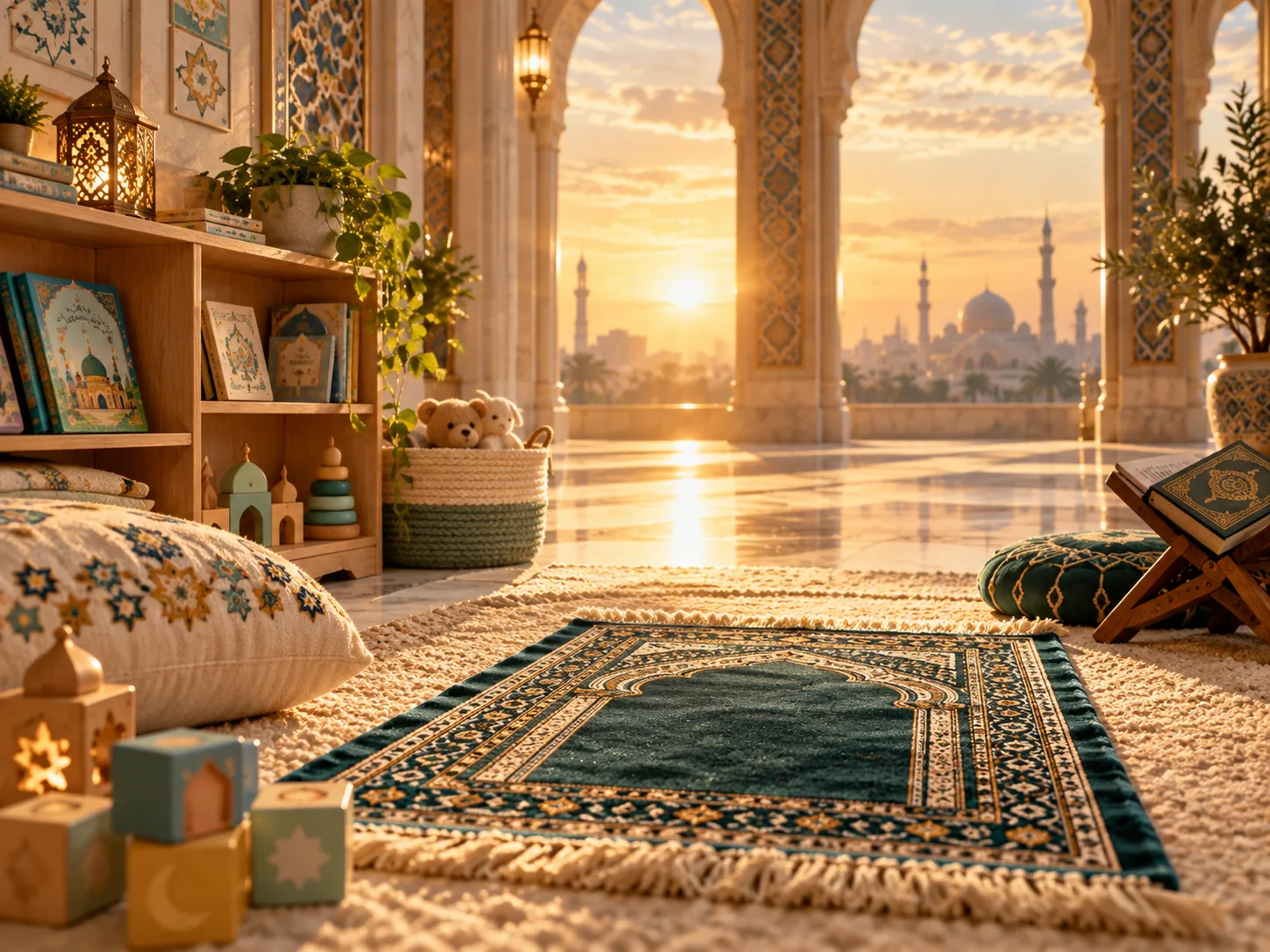Illustrated family prayer space with a patterned prayer mat and cosy reading area