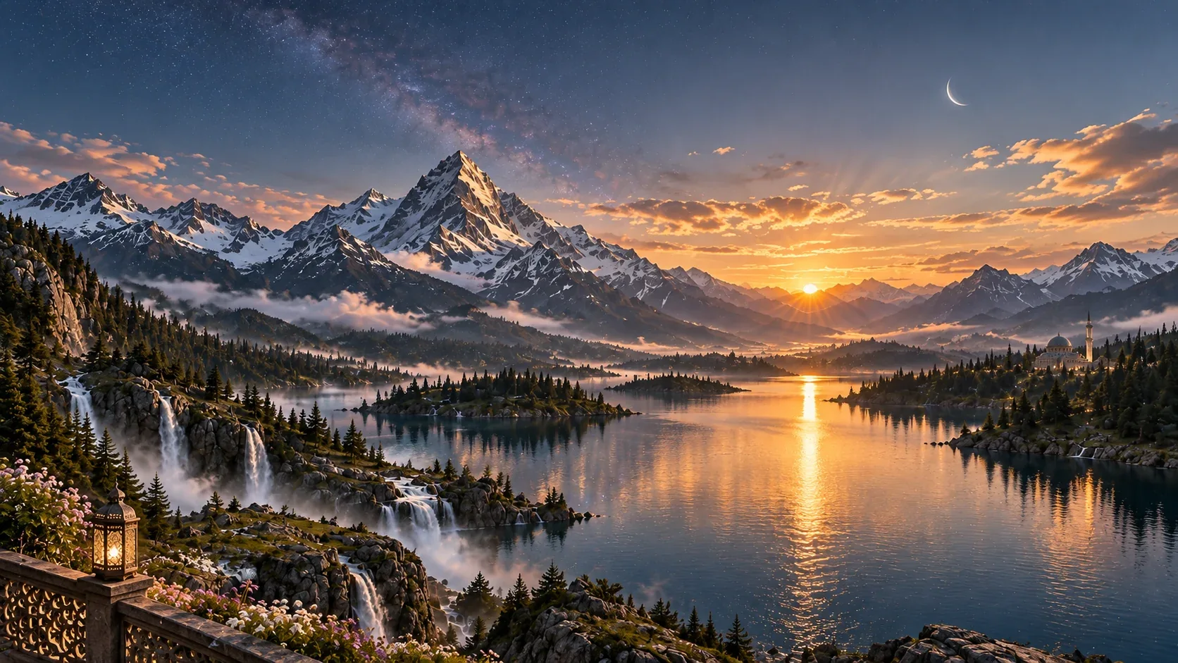 Imagined alpine lake at dawn, reflecting warm sunrise over the mountains