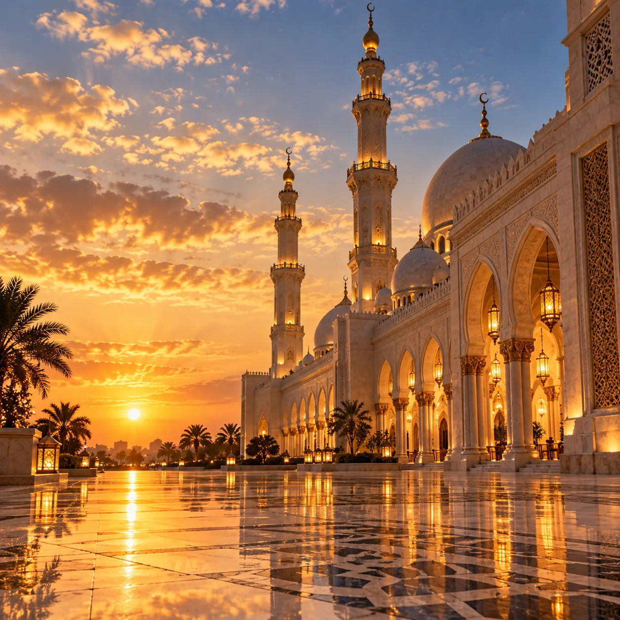 Illustrated mosque courtyard at sunset, bathed in golden light