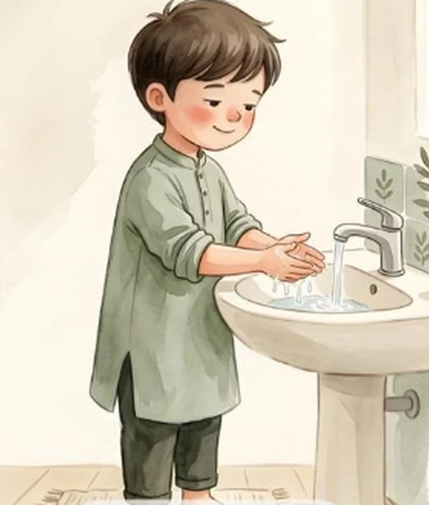 Watercolour memory illustration for wash both hands; not a photograph of precise technique