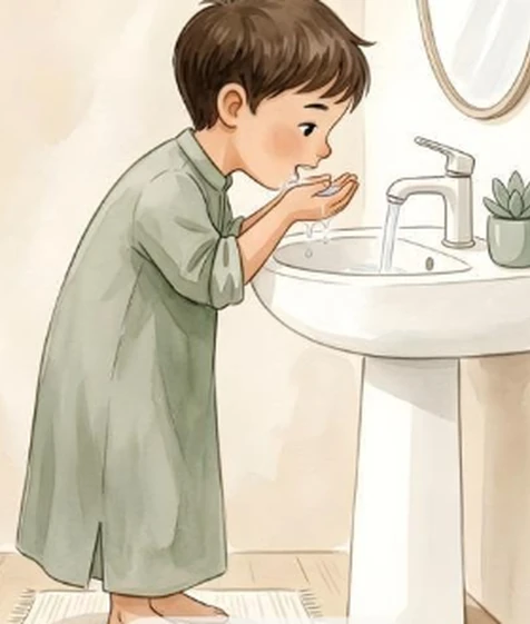 Watercolour memory illustration for rinse the mouth; not a photograph of precise technique