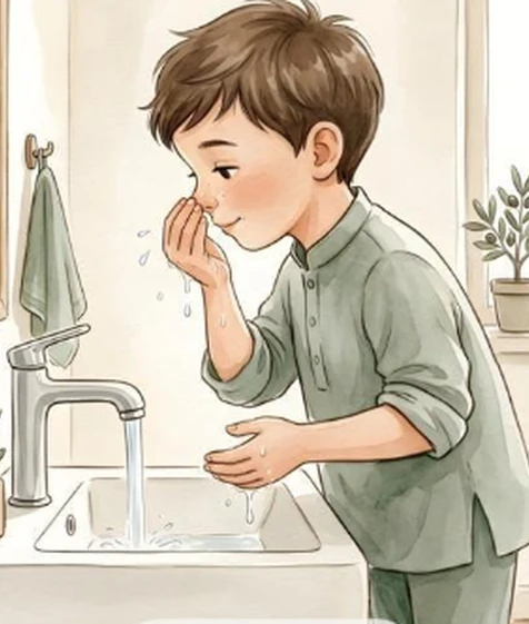 Watercolour memory illustration for rinse the nose; not a photograph of precise technique