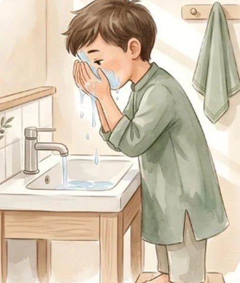 Watercolour memory illustration for wash the face; not a photograph of precise technique