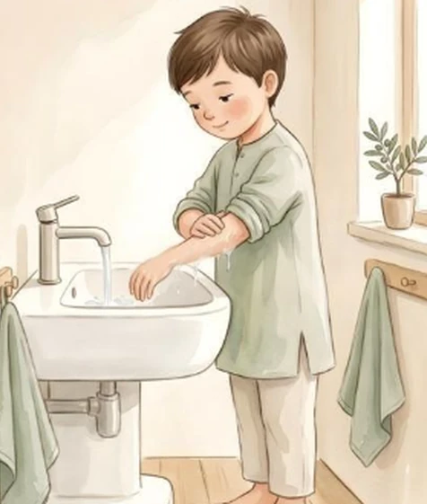 Watercolour memory illustration for wash both arms; not a photograph of precise technique