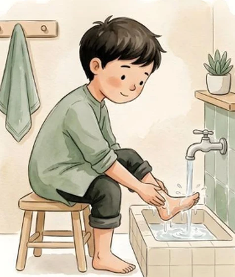 Watercolour memory illustration for wash both feet; not a photograph of precise technique